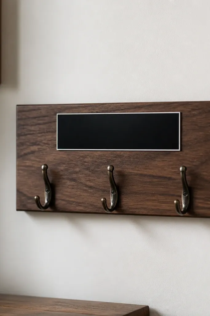 A small wooden board mounted on a wall with three metal hooks. A vinyl nameplate in black sits centered, with a thin white border around it. The board is stained walnut and has a matte finish.