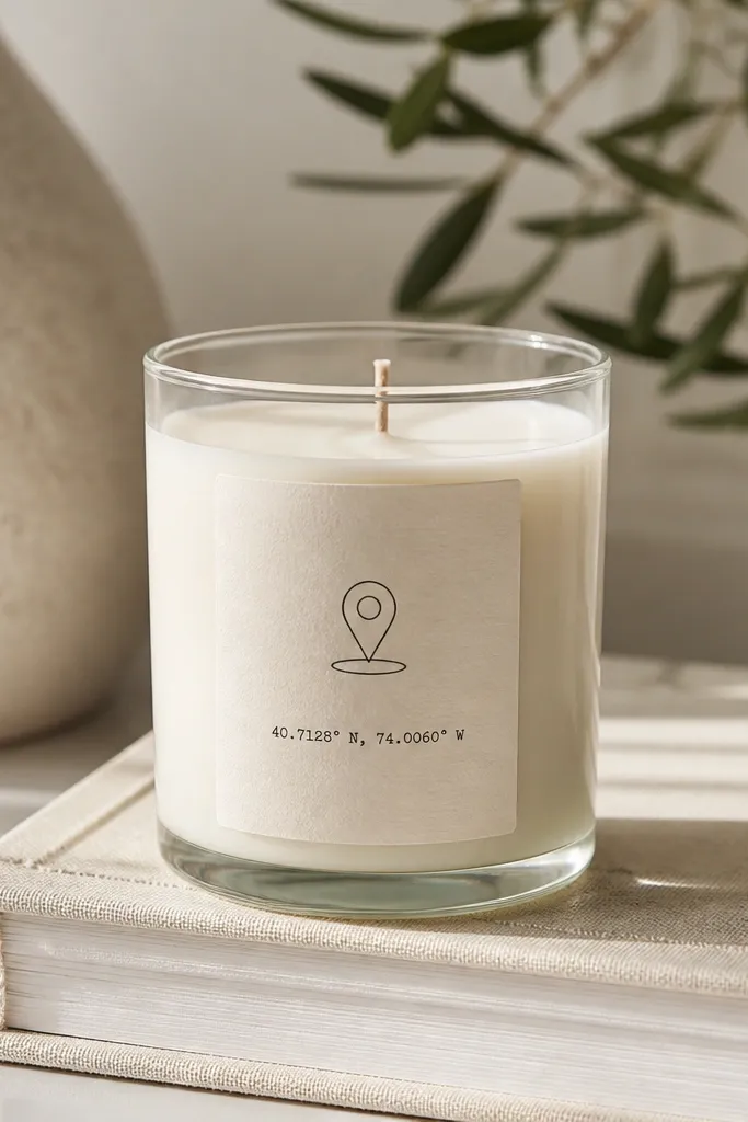 A glass candle jar with a custom label. The label shows a simple line drawing of a map pin and the coordinates in small black text on cream paper.