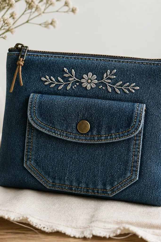 A small pouch made from denim with a stitched pocket front. A simple embroidered thread design sits above the pocket flap, and the zipper is sewn neatly into the top edge.
