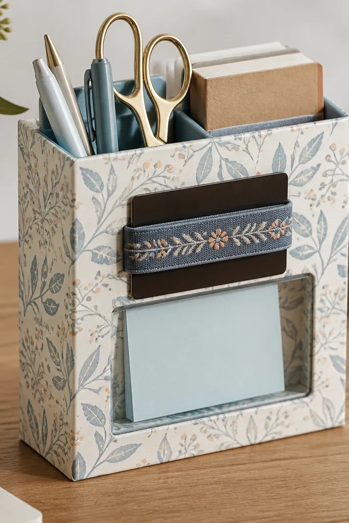 A desk organizer made from thick cardstock wrapped in patterned paper. A clear front window holds sticky notes, and a small magnetic strip keeps a bookmark band in place.