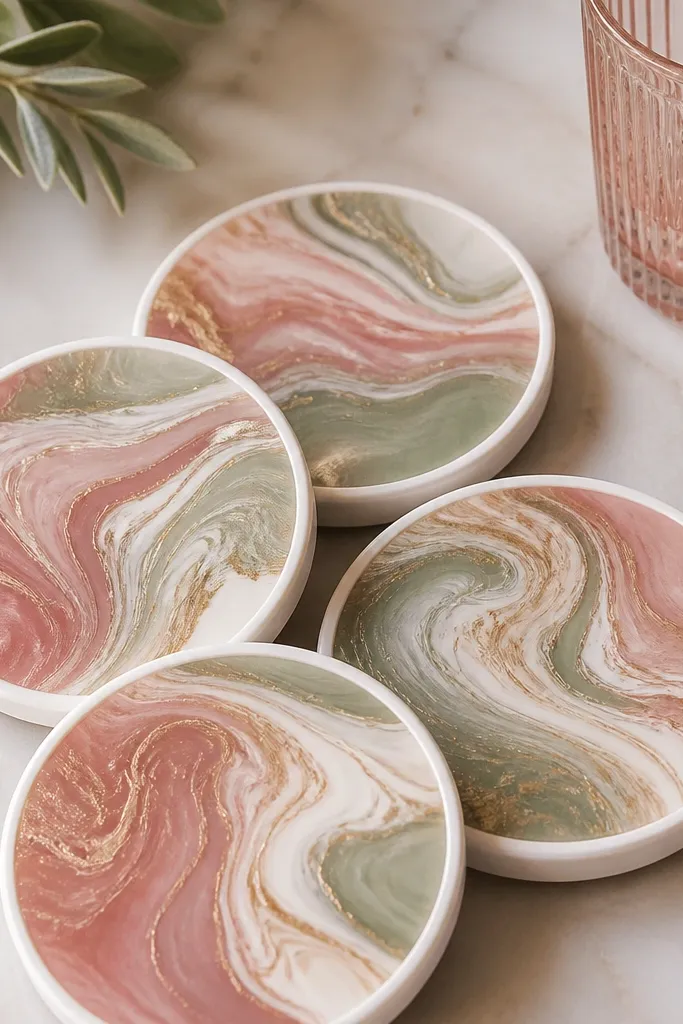 Four round coasters with glossy paint-pour swirls. Each coaster has a neat white rim border, and the colors are muted - dusty rose, sage, cream, and a touch of gold.