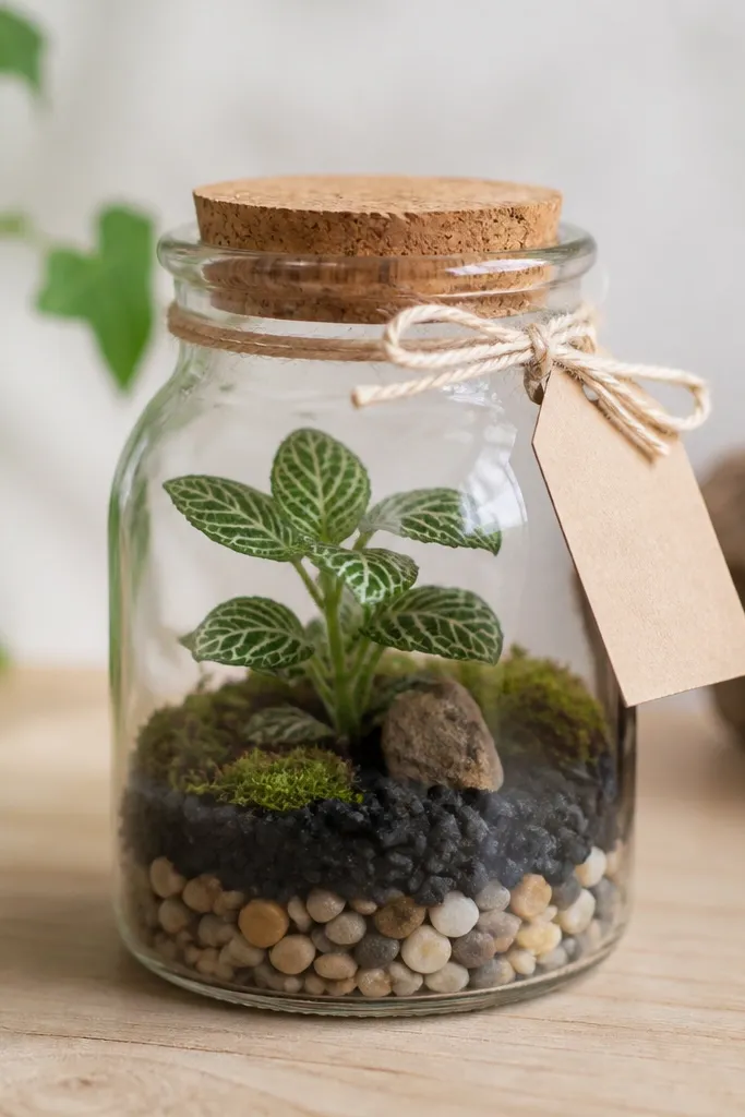 A mini terrarium in a small clear glass jar with a cork lid. Inside are tiny pebbles, activated charcoal, and a small plant. The top has a tied tag with a simple care note.