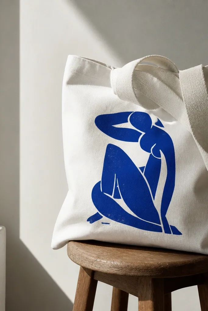 A plain white tote bag with a bold single-color graphic printed in the center. The graphic looks like a screen print with slightly textured edges, and the tote has thick canvas handles.