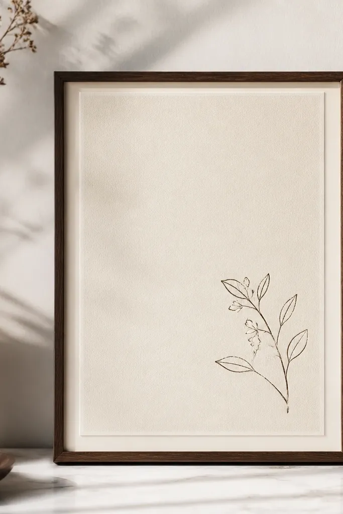 A small framed print with a clean border. The text is letter-pressed style - slightly raised and darker ink on cream paper. A single line illustration sits in the corner.