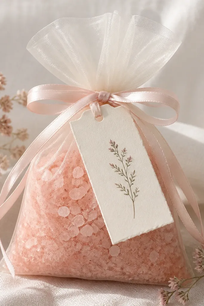 A drawstring organza bag filled with pink bath salts. The bag has a cream label with a handwritten name and a small sprig illustration, tied with satin ribbon.