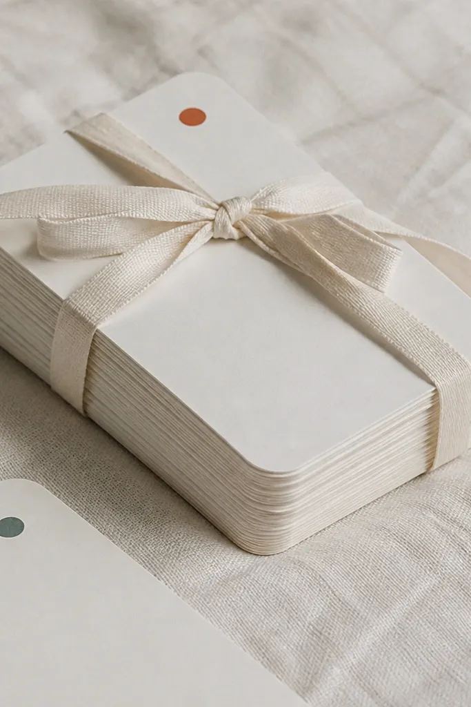 A small deck of 20 thick cards bound with a ribbon. Each card has a different short sentence in black ink with one small colored dot in the corner.