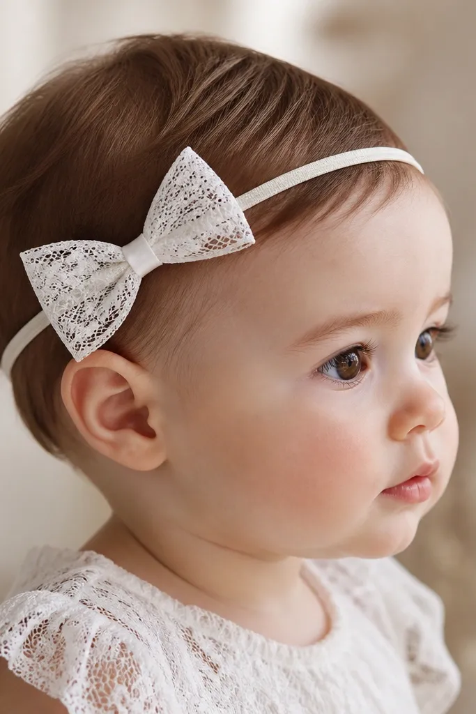A soft lace headband made on a thin elastic base. A small tie bow sits on the side in white lace with a satin knot.