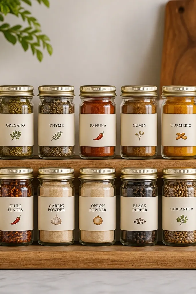 A row of small glass spice jars with matching cream labels. Each label has a black font spice name and a tiny icon next to it, aligned neatly in a grid.