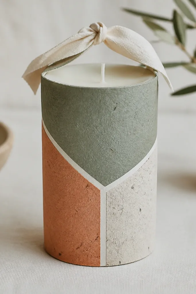 A candle wrapped in a handmade paper sleeve with three clean color blocks. The blocks are separated with crisp white lines, and the ribbon ties at the top.