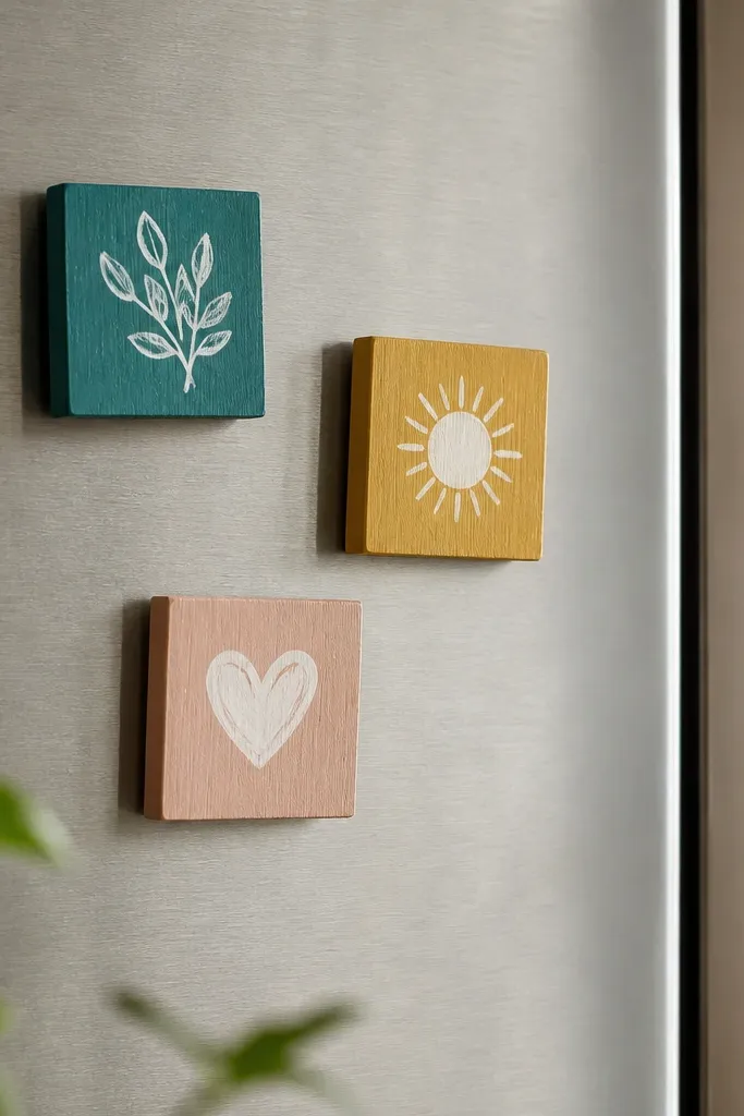 Small painted wooden squares on a fridge. Each square has a short message in white lettering on a colored background - one is teal, one is mustard, one is blush. A tiny magnet is glued to the back.