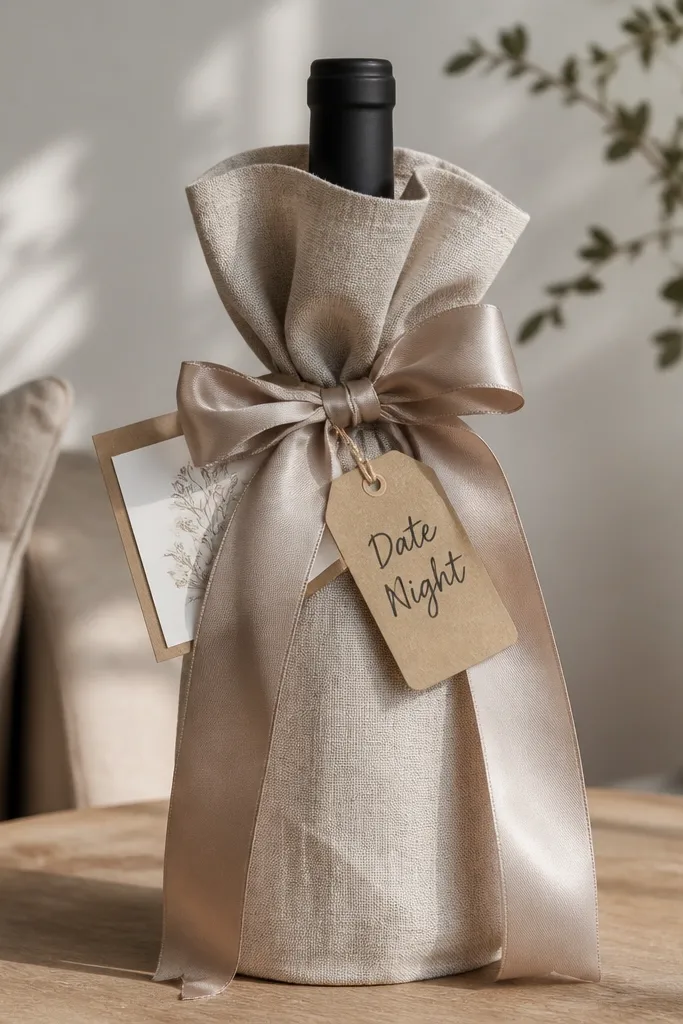 A bottle wrapped in neutral linen-look fabric and tied with a wide satin ribbon. A small kraft tag reads "Date Night" and the bottle has a mini card tucked under the ribbon.