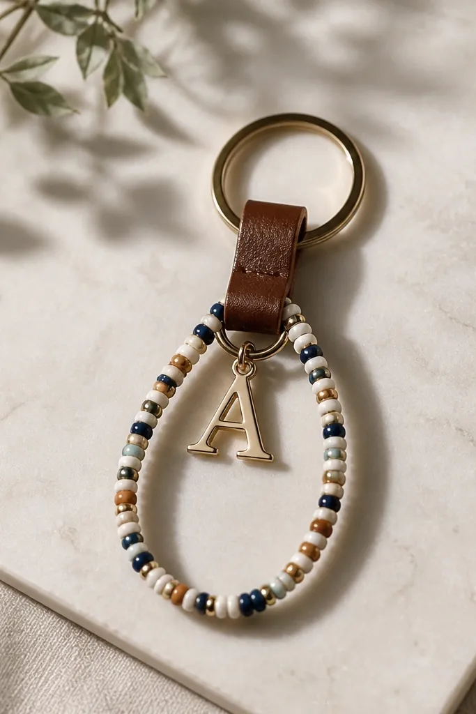 A beaded keychain with a single letter charm in the center. The beads are tiny and uniform, and a brown leather loop attaches to a metal ring.