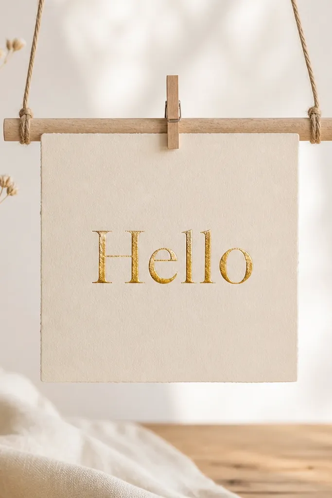 A cream card with gold foil text "Hello" centered. The card is mounted on a small wooden dowel with twine hanging loops and a tiny wooden clip.