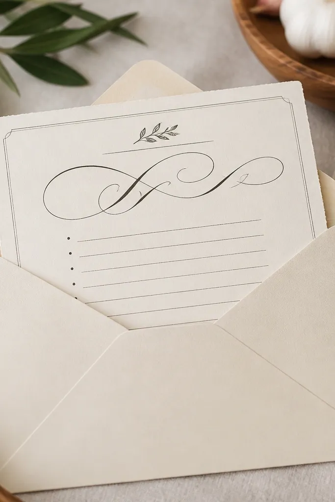 A recipe card set in an envelope. The title is written in faux calligraphy style with thick and thin strokes, and the ingredient lines are typed in a simple font.