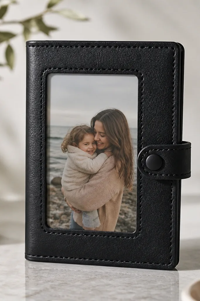 A small portrait wallet made from black faux leather with a clear window on the front. Inside the window a 2x3 inch photo is held by a thin clear plastic sleeve. The wallet has a stitched edge look made with black thread and a simple snap closure on the right side.