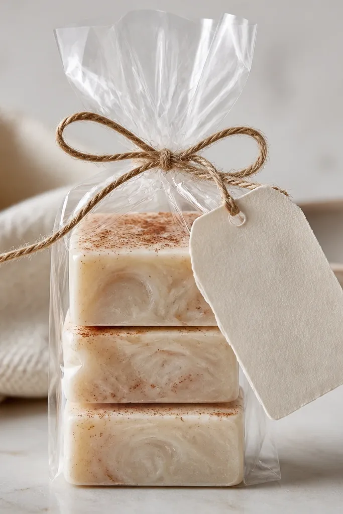 Three small soap bars in a clear cellophane bag. Each bar is off-white with a thin dusting of cinnamon on top and a handwritten label tied with twine. The bars look homemade with visible swirls in the surface and slightly rounded corners.