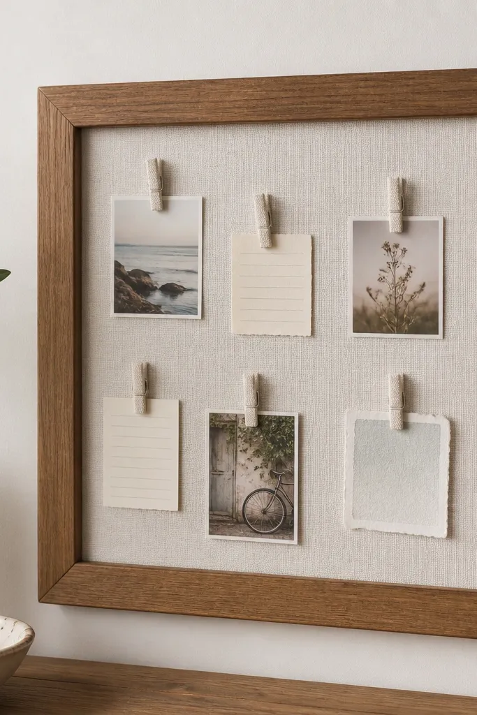 A thrifted wooden frame turned into a note board. Inside, a sheet of magnetic metal is covered with a pale linen fabric panel. Several small fabric-covered clothespins clip mini photos and handwritten notes. The board hangs with a sawtooth hanger and looks tidy with straight edges.