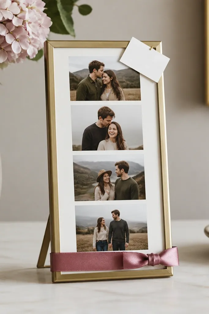 A small tabletop frame holds a strip of four printed photos. A thin satin ribbon in dusty rose wraps the frame's bottom edge, and a small white card label sits at the top corner.