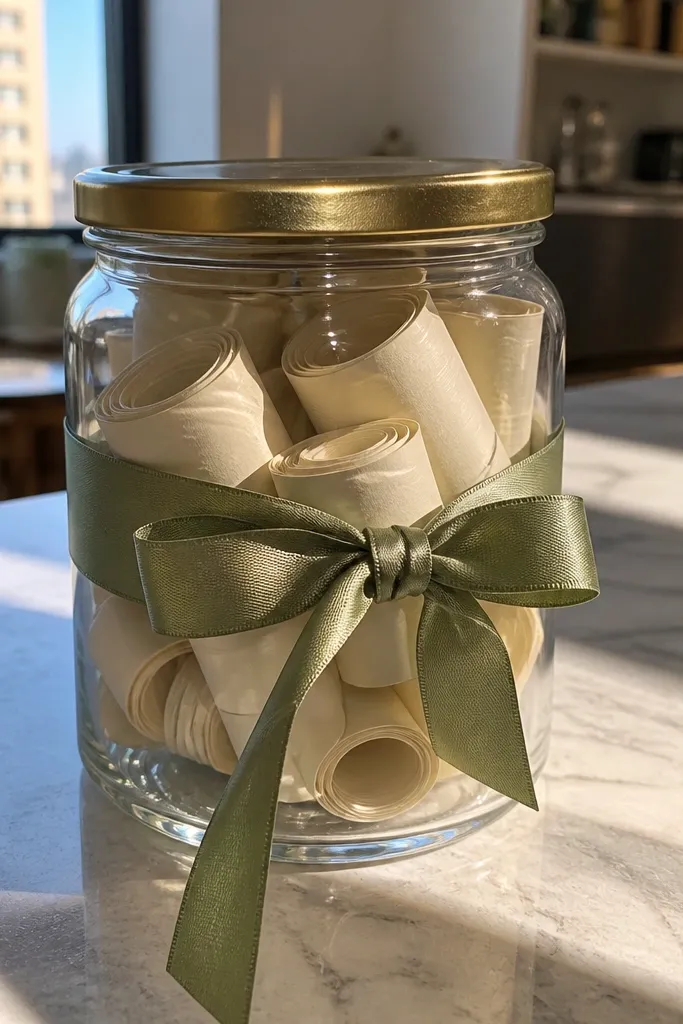 A clear mason jar filled with rolled tiny paper notes. A beige fabric strip wraps the jar lid, and a white sticker label reads in neat handwriting, with a small heart doodle.
