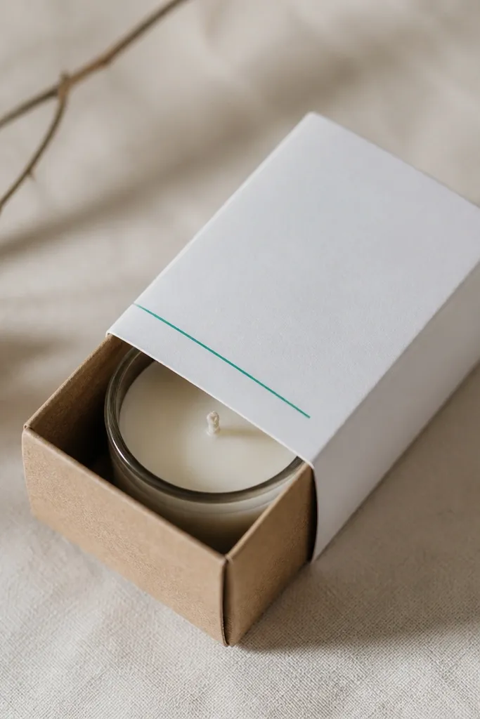 A small candle sits in a kraft paper gift box. The matchbox-style packaging is wrapped with a custom white label that has bold black text and a thin teal underline.