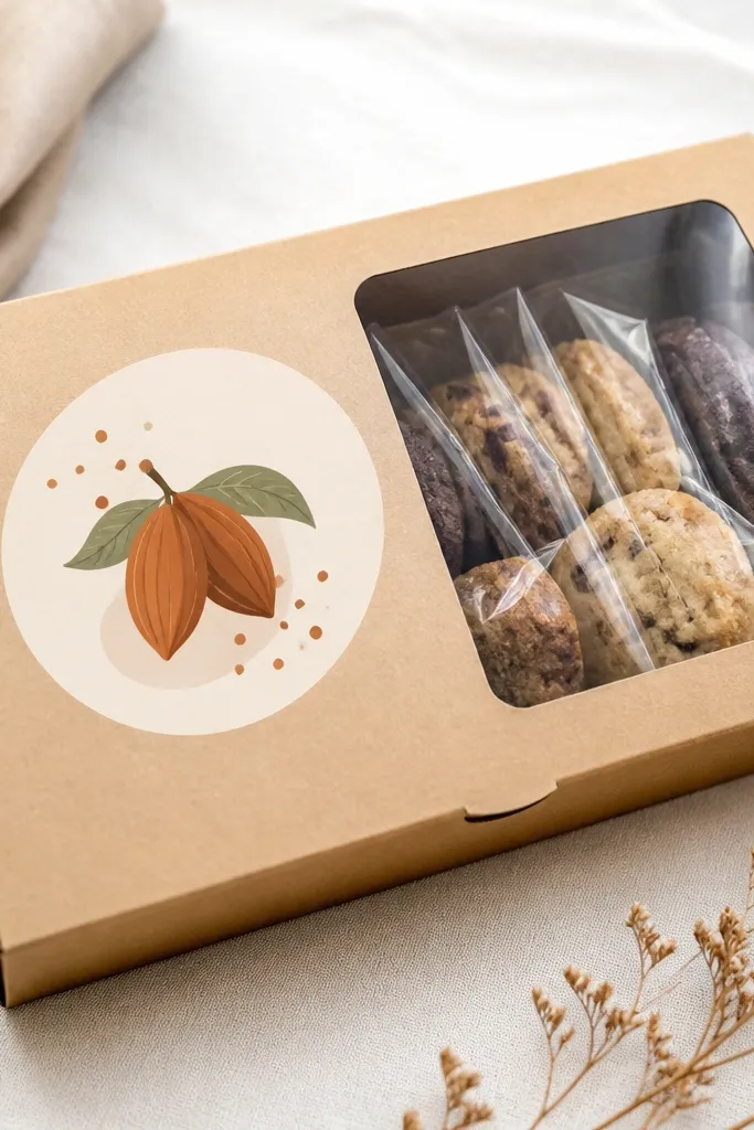 A shallow cardboard snack box packed with individually wrapped treats. A single theme sticker on the lid shows bold typography and a small illustration, with a clear cellophane window on one side.