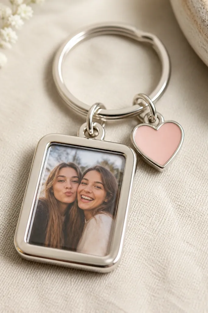 A round or rectangle keychain charm has a small photo behind a clear window. A split ring attaches it to a metal keychain with a tiny enamel heart.