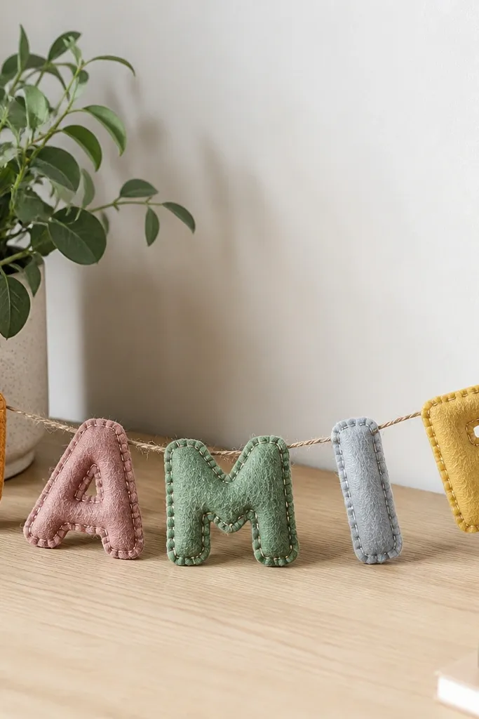 A mini felt banner spells a name in individual felt letters. Each letter is sewn to a thin twine line, and the banner rests on a desk with a small plant beside it.