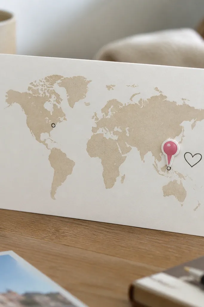A folded postcard features a simple world map. Two small circles mark cities, and a pushpin-style sticker sits over one city with a short handwritten message beside it.