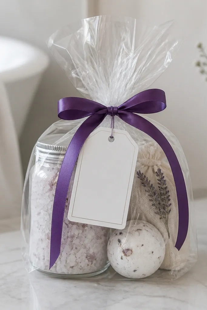A small bundle of bath soak items wrapped in clear cellophane. A single ribbon colour, deep purple, ties the bundle, and a white label with black text sits on the front.