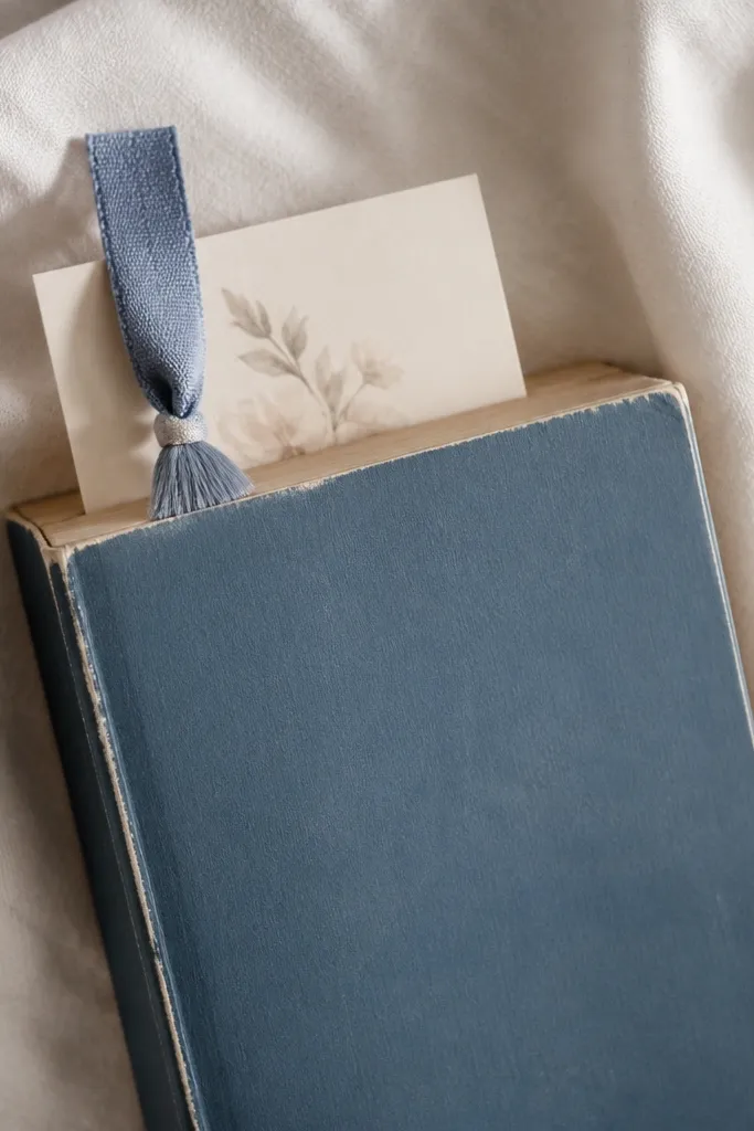A fabric bookmark made from a ribbon strip with a small tassel. It's paired with a folded card and slipped into a used paperback with the cover facing out.