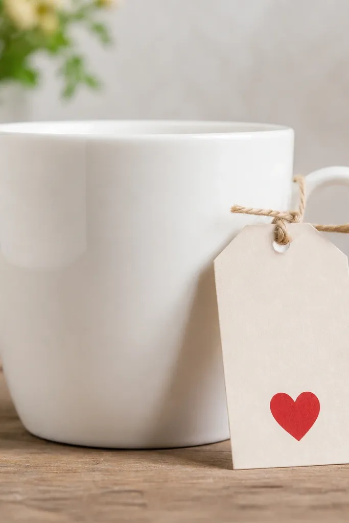 A plain white mug sits on a table. A paper hang tag with bold vinyl-style lettering is tied to the mug handle with twine, and a small heart icon sits near the bottom.
