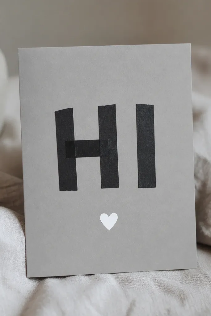 A small card with a grey background has clean block letters made from strips of black masking tape. A small white heart sticker sits under the message.