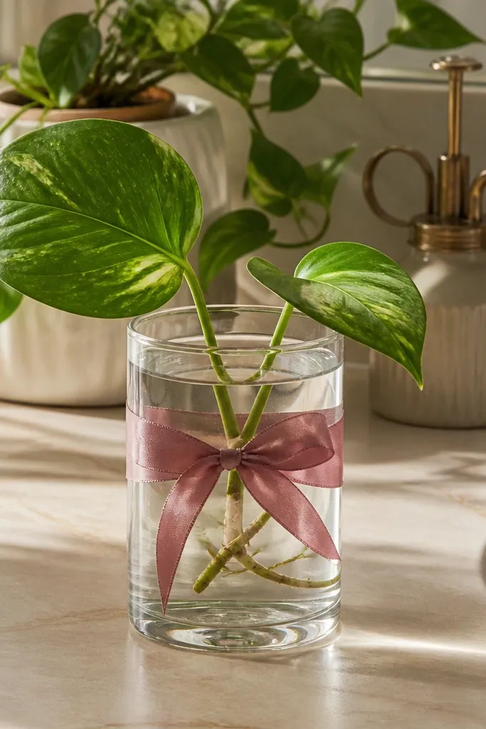 A clear cup holds water and a small plant cutting. A ribbon wraps around the cup, and a label shows the plant name with a small doodle of leaves.