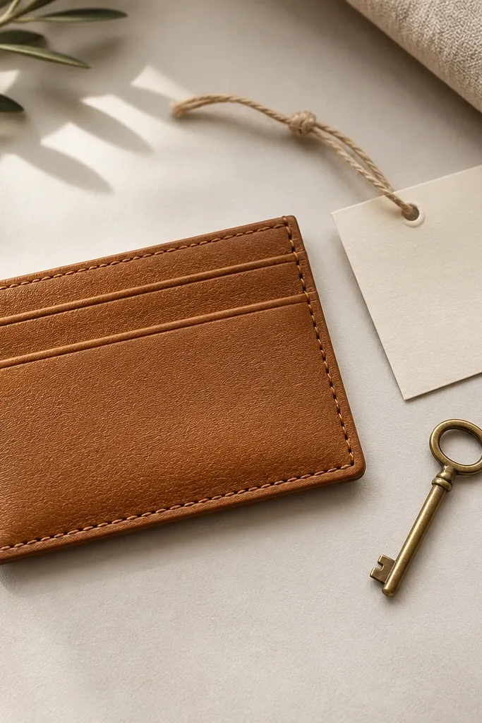 A slim faux leather card holder in tan sits next to a small metal key. A tiny tag card attached with twine reads a short message in black ink.