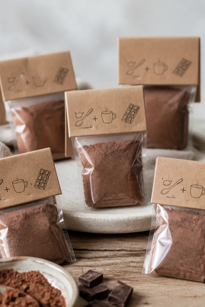 Multiple small clear pouches filled with cocoa mix. Each pouch has a kraft paper label with handwritten instructions and a small chocolate icon.