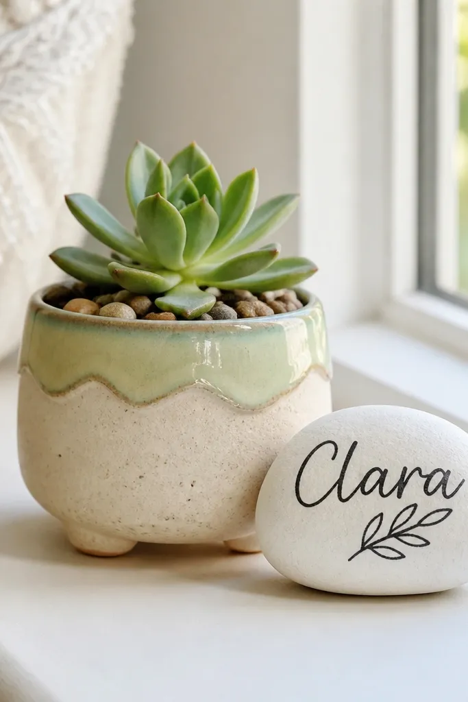 A small planter holds a tiny succulent. A smooth white stone beside it has the friend's name painted in black, with a small leaf doodle.