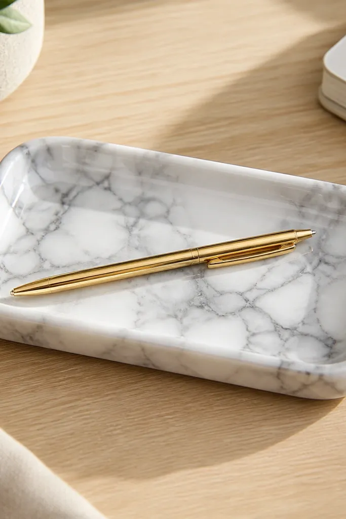 A small rectangular catchall tray with a white-and-gray marble pattern, glossy clear coat, and softly rounded corners sitting on a light wood desk with a gold pen across it.