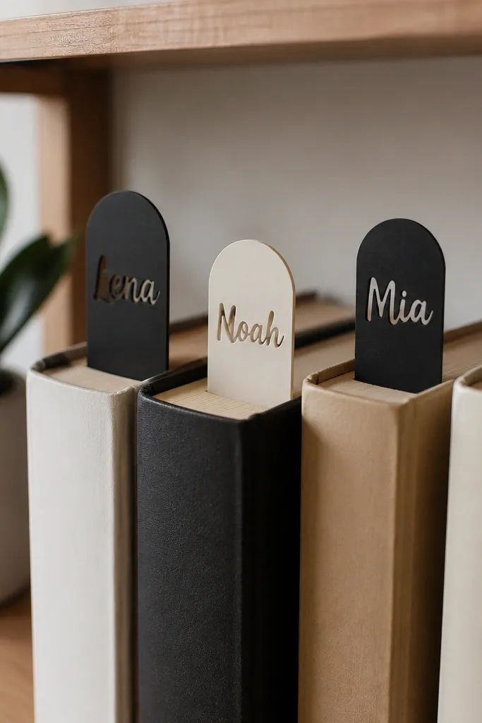 Three thin bookmarks made from matte black and cream vinyl with a neat name cutout, each bookmark tucked into different paperback books on a bookshelf.