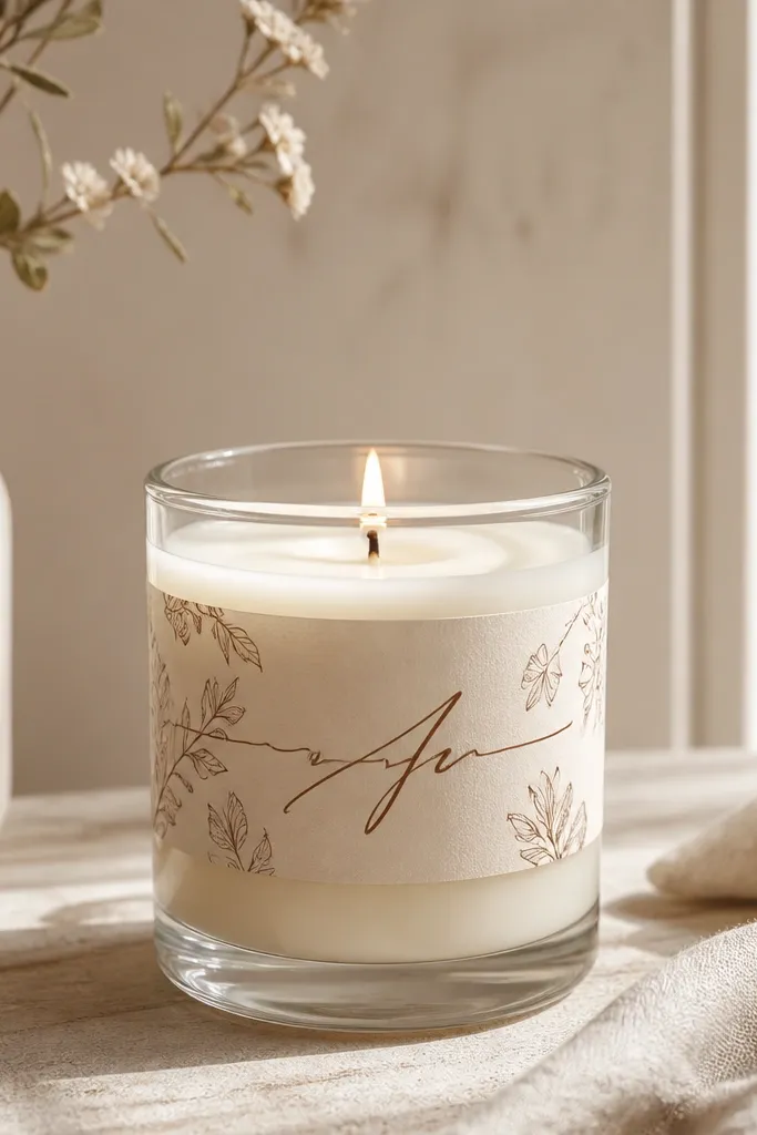 A clear glass candle jar with a custom cream label wrapped around it, featuring a hand-lettered scent name in soft brown ink-like script.