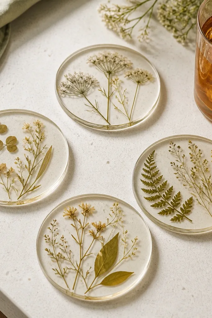 Four round coasters with pressed dried herb silhouettes inside a clear resin look, set on a light kitchen counter near a glass of iced tea.