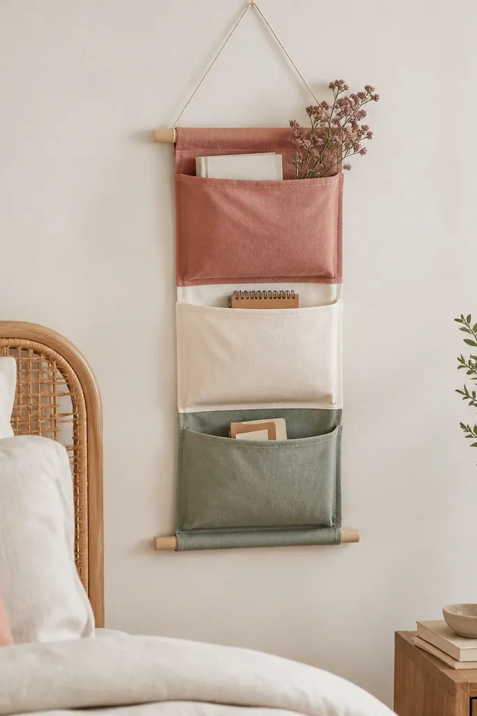 A small fabric wall organizer with three pockets in dusty rose, cream, and sage, hung with two dowel pieces on a bedroom wall.