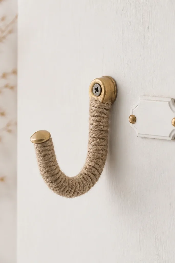A small wall hook made from a brass screw hook wrapped in natural jute rope, with a tiny white number plate attached beside it.