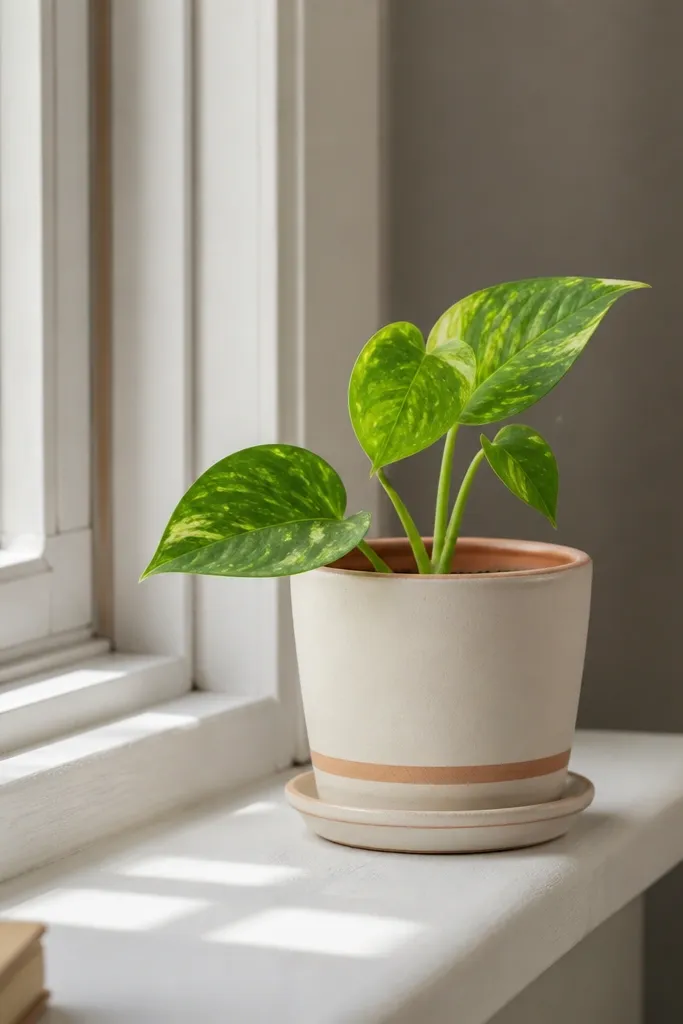 A small terracotta pot painted in muted cream with a thin terracotta stripe and a matching saucer, sitting on a windowsill with a tiny pothos cutting.