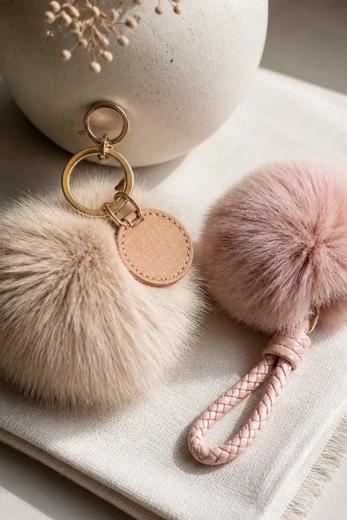 A set of two keychains: one natural pom-pom with a small leather tag stamped with initials, and a second in dusty pink with a braided cord loop.