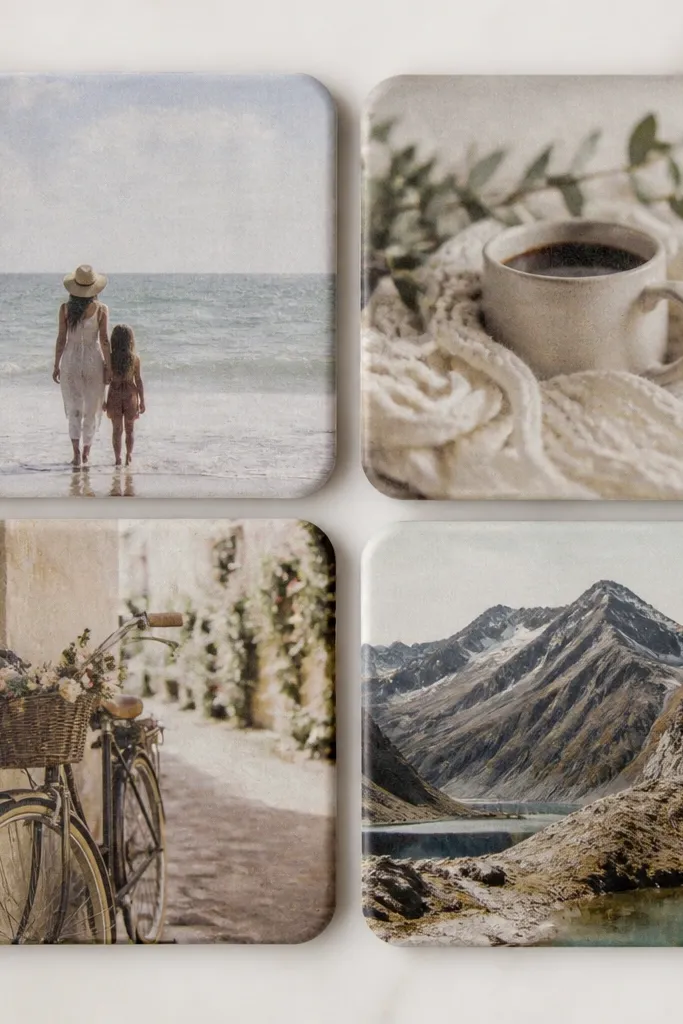 A set of four square coasters with a soft photo transfer look, edges rounded, each showing a small favorite memory in muted colors.