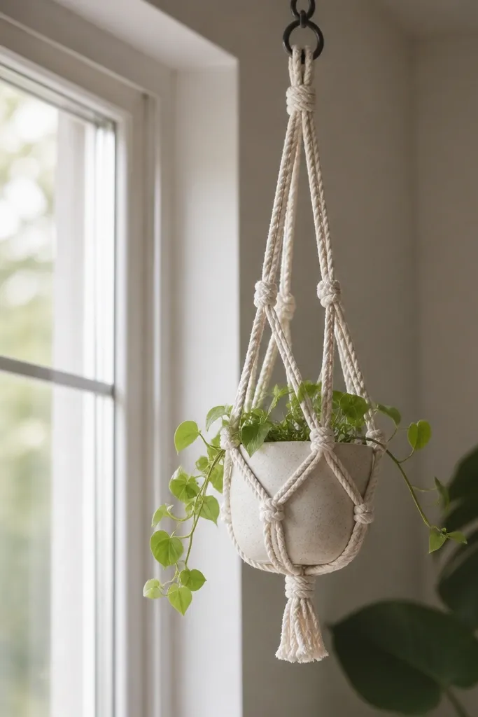 A small plant hanger with thick cotton rope in a simple knot pattern, holding a small pot, hanging from a ceiling hook in front of a window.