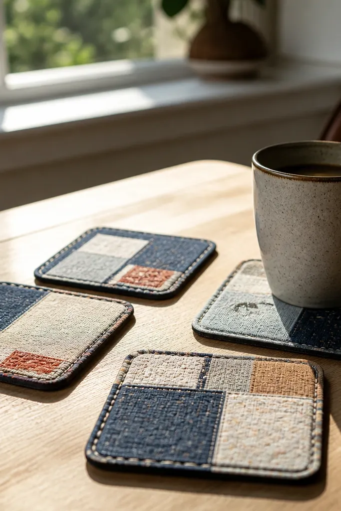 A set of six fabric coasters with patchwork squares in cream, sage, and muted rust, each with a smooth backing and rounded edges.