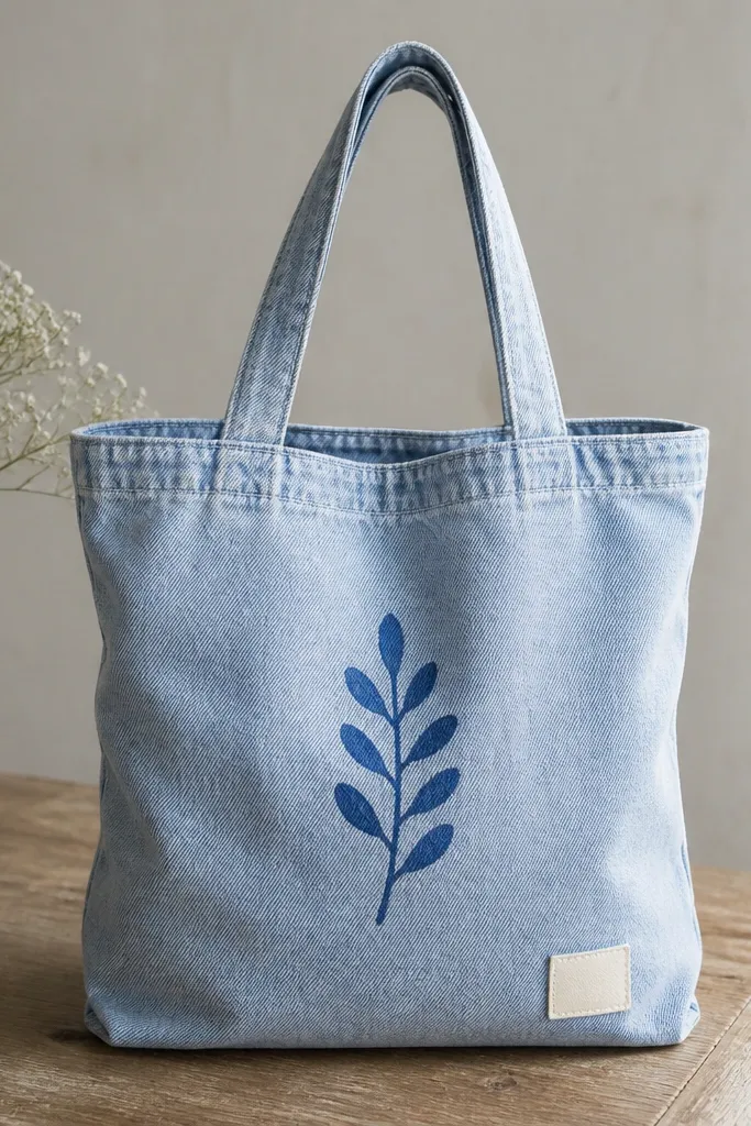 A light-wash denim tote bag with a small iron-on pocket label near the bottom and a simple hand-painted icon centered on the front.