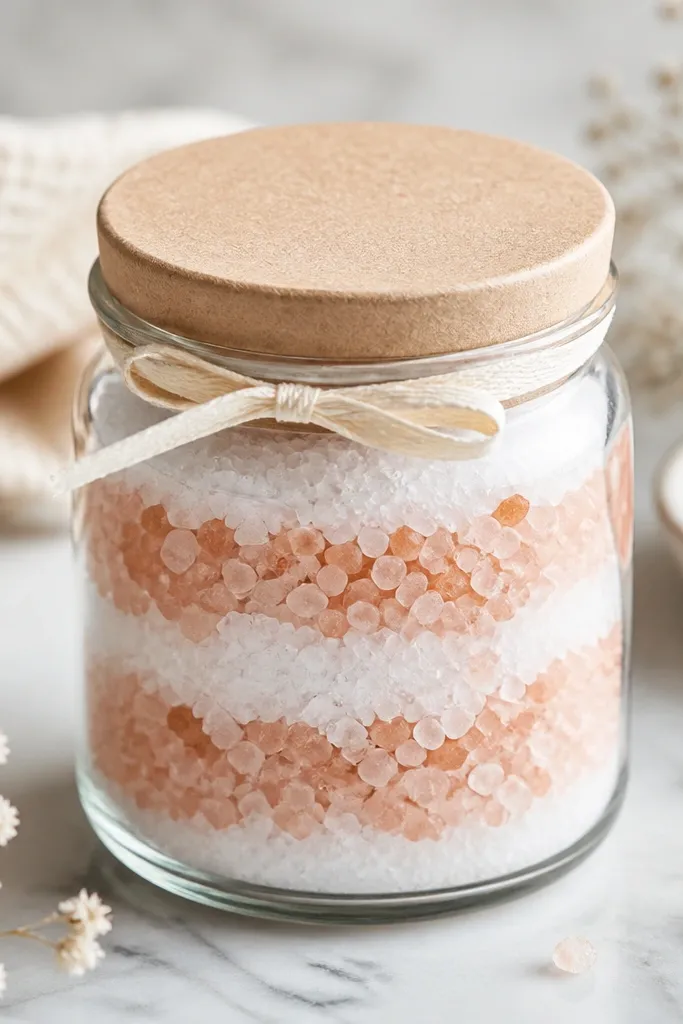 A clear glass jar filled with pale pink and white layered bath salts, with a kraft paper lid label and a small ribbon tied around the neck.