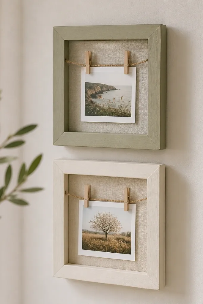 Two small wooden frames with clothespins attached, painted matte sage and cream, holding mini photo prints on a wall.